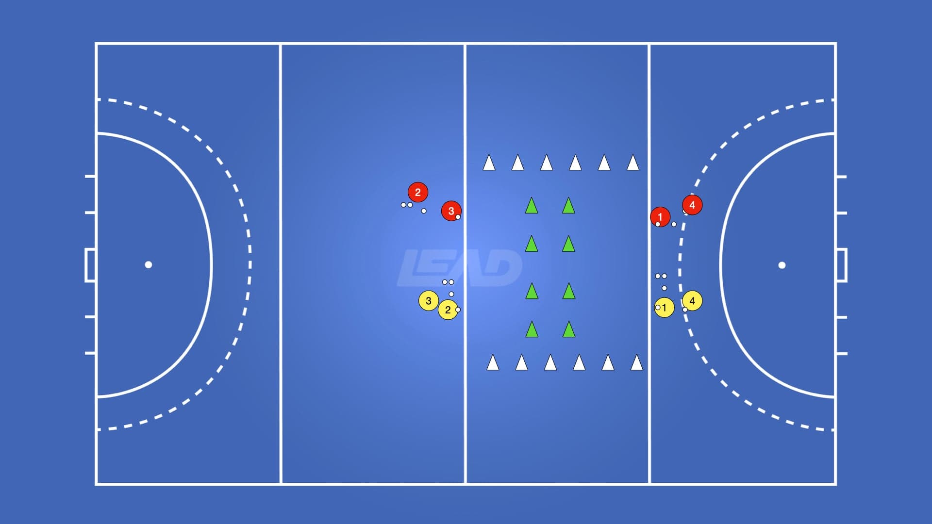 Pitch diagram of Fill the Bucket: two teams of four players on either side of a coned area in the middle of the pitch