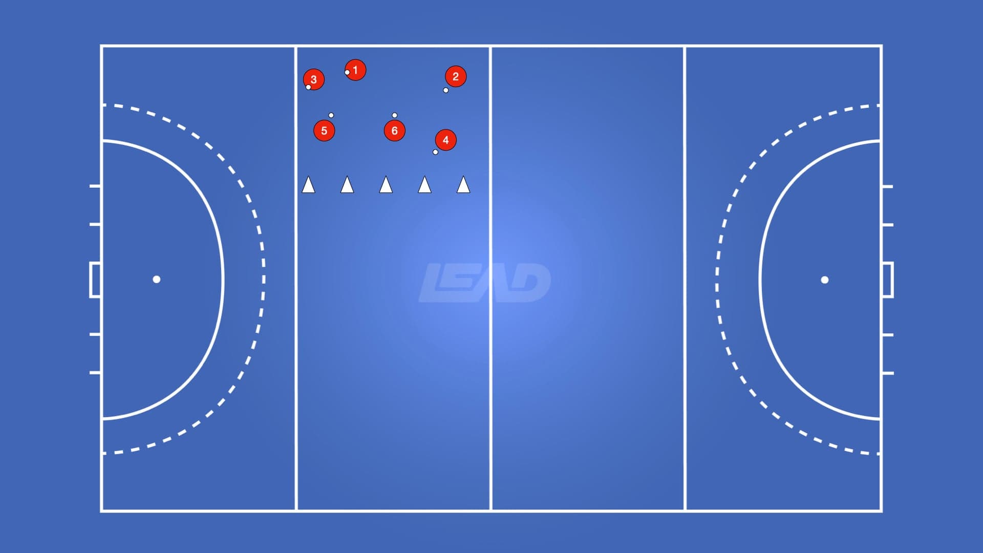 Pitch diagram of Last Ball Standing: six numbered players above a line of cones in one half of the pitch